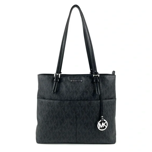 Michael Kors Bedford Large Black Monogram Logo Pocket Tote Bag